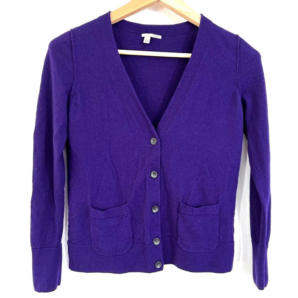 Halogen Cardigan Sweater Tight Knit 100% Merino Wool Womens Medium V-Neck Purple